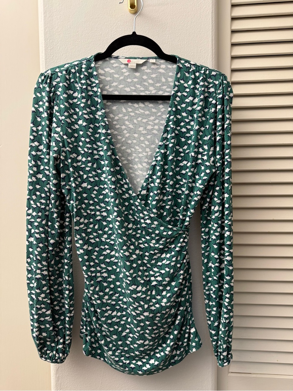 Boden Green and White Printed Surplice Long-Sleeve Top